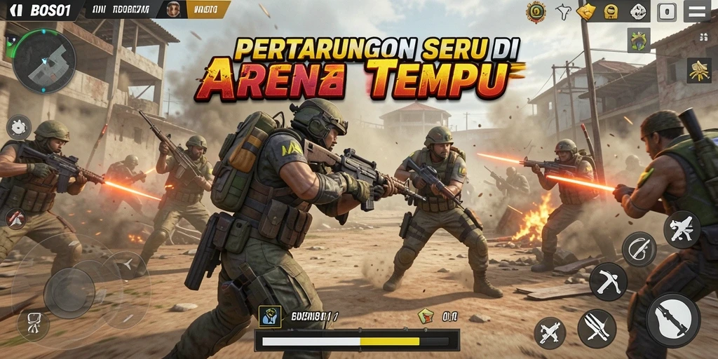 Screenshot utama BOS01 menampilkan pertarungan epik di arena tempur.