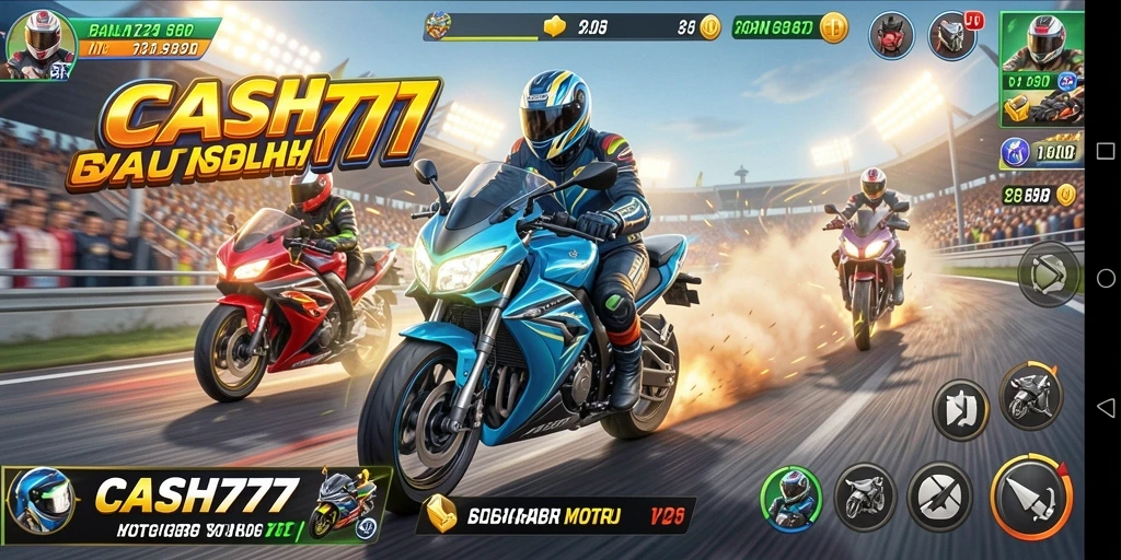 Screenshot utama CASH777 menampilkan balapan motor yang intens dan penuh aksi.