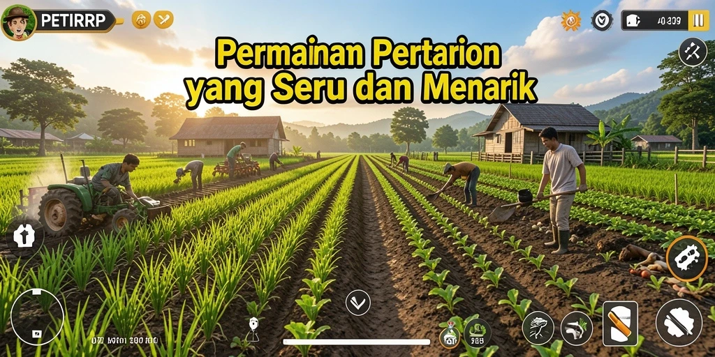 Gameplay PETIRRP yang menampilkan lahan pertanian yang subur dan beragam tanaman.