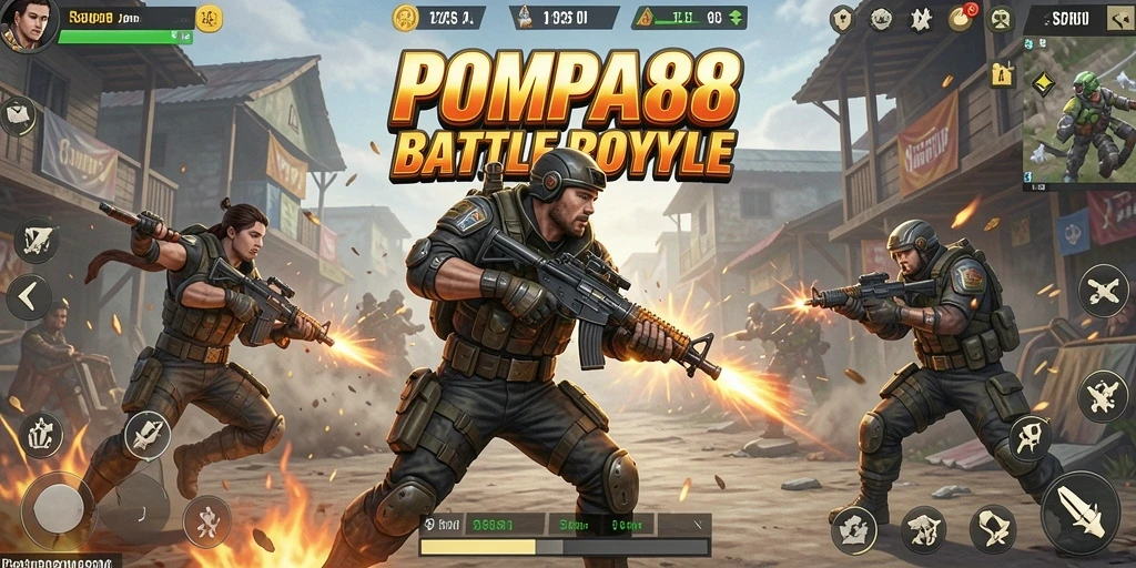 Tampilan gameplay seru POMPA88 dalam pertempuran Battle Royale.