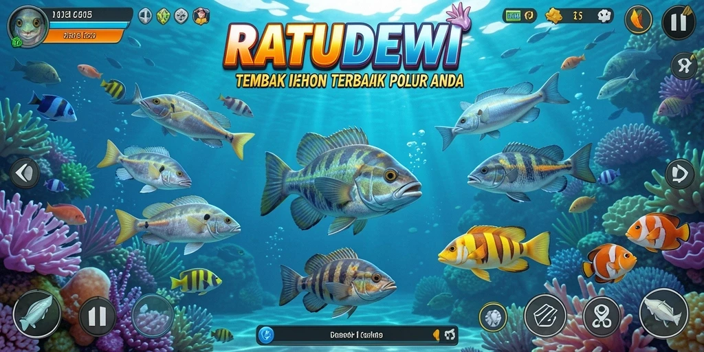 Tampilan gameplay seru di RATUDEWI dengan aksi Tembak Ikan.